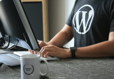 person in black and white t-shirt using computer